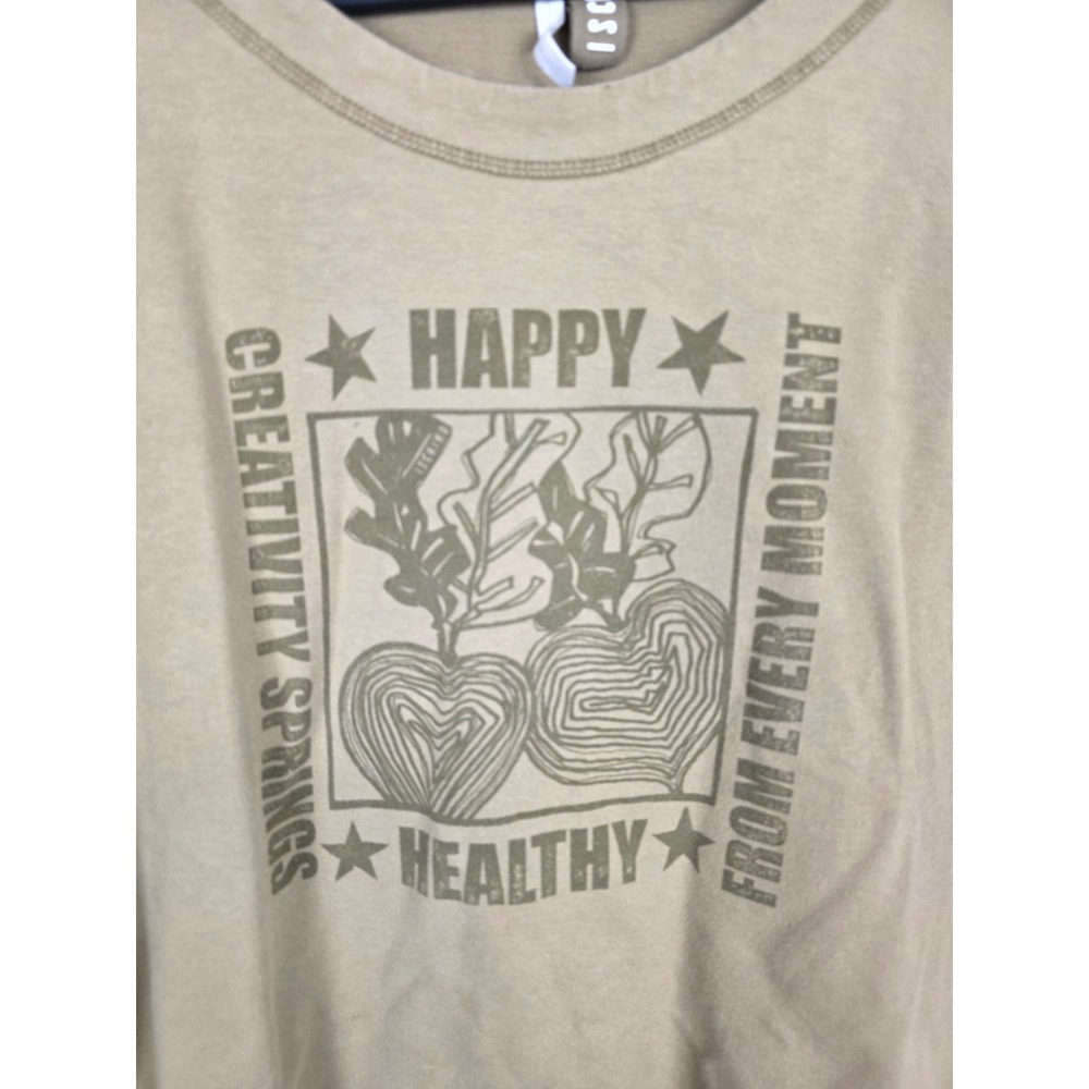 ISCHIKO Women's Olive Green Long Sleeve Graphic‎ Tee Size 8/10 Happy Healthy - Picture 4 of 8